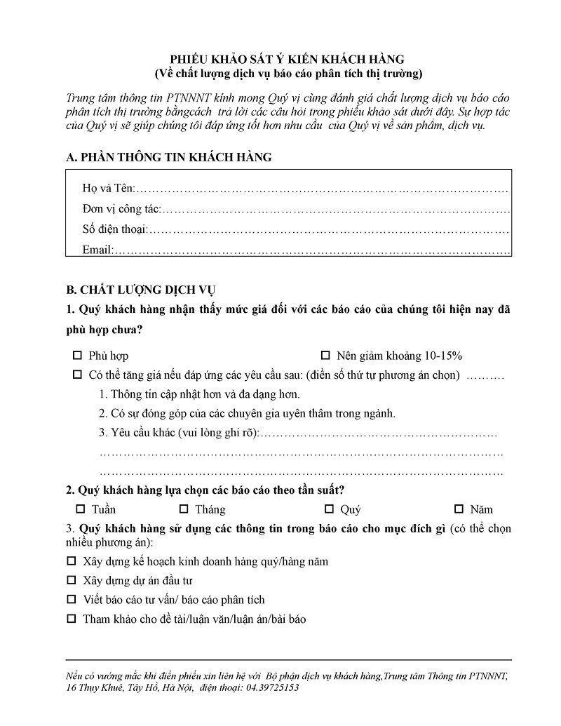 Phiếu khảo sát khách hàng đánh giá về dịch vụ