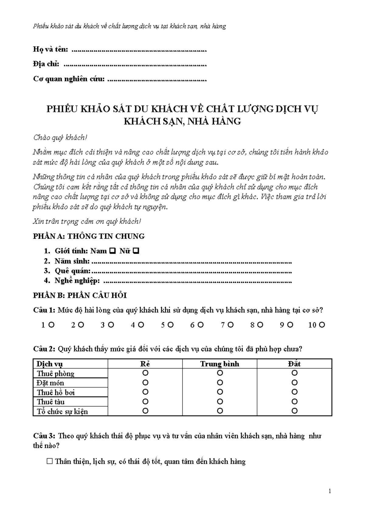 Phiếu khảo sát khách hàng về khách sạn