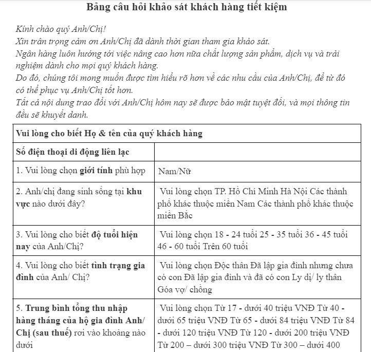 Mẫu form khảo sát nhu cầu của khách hàng