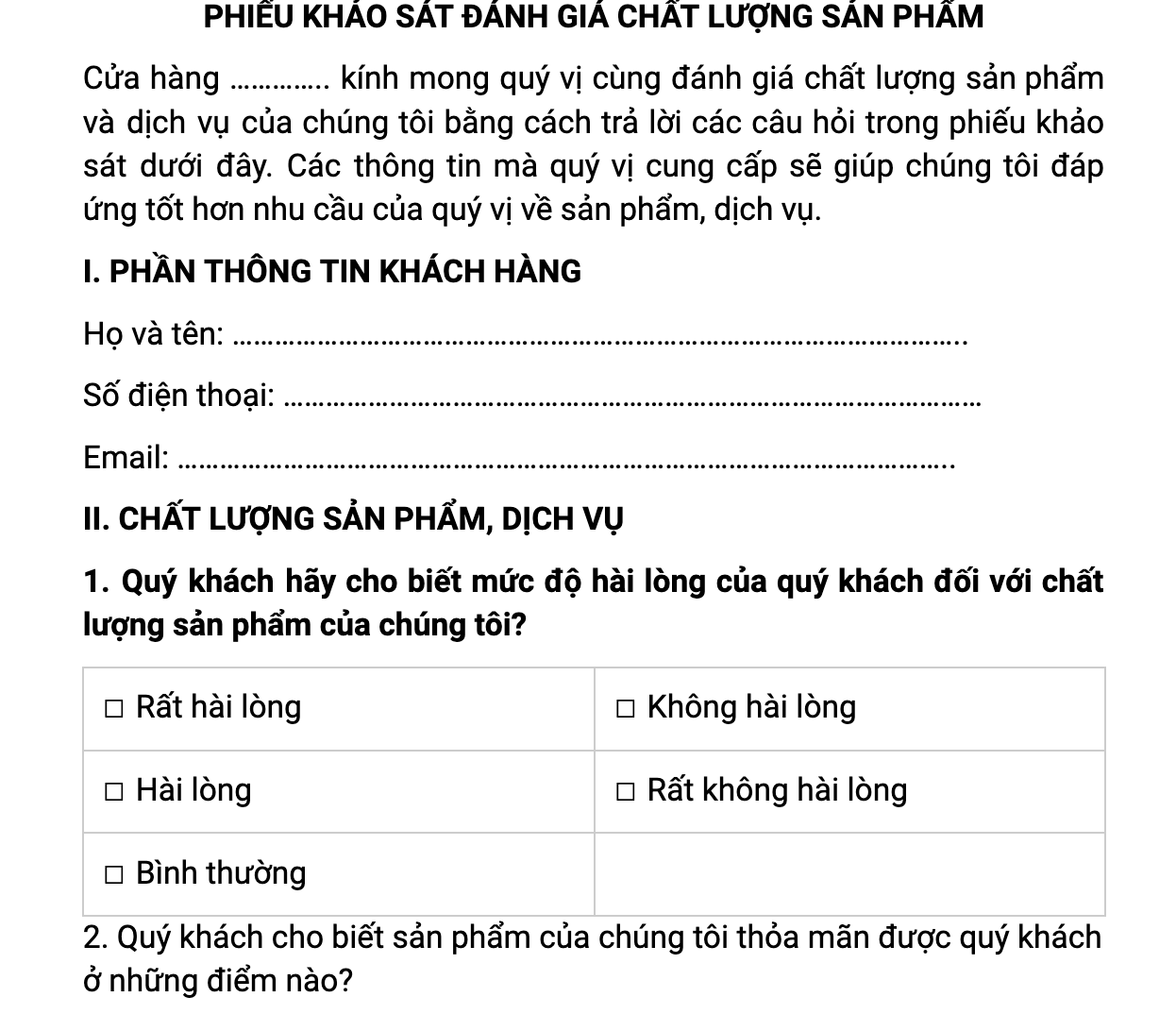 Phiếu khảo sát khách hàng về sản phẩm mới
