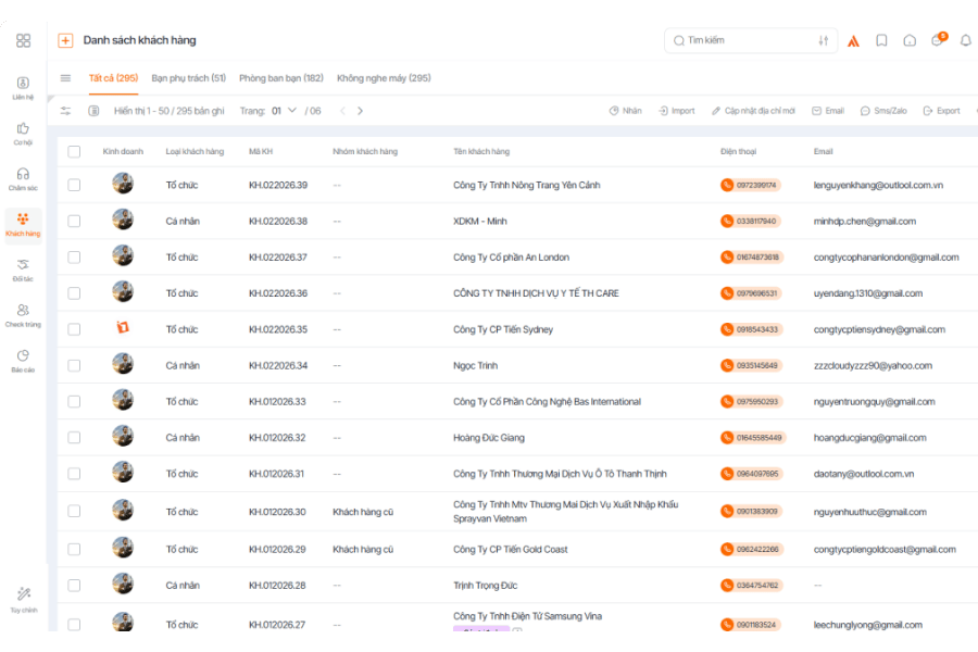Giao diện 1Office CRM quản lý danh sách khách hàng