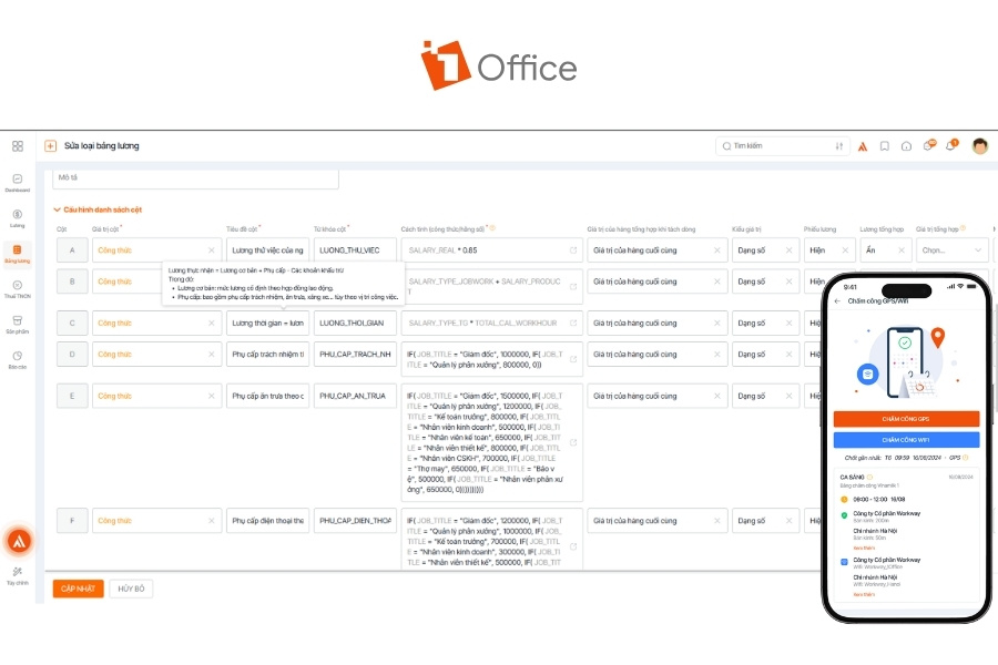 Giao diện tính năng quản lý tiền lương và chấm công trên nền tảng 1Office