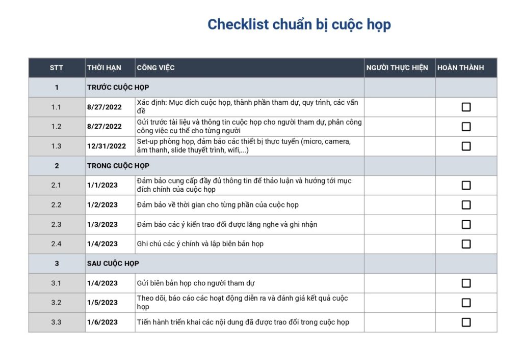 Checklist mẫu chuẩn bị cho cuộc họp