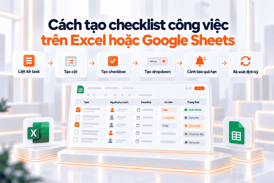 Quy trình 6 bước tạo checklist từ liệt kê đầu việc đến checkbox, dropdown và cảnh báo deadline.
