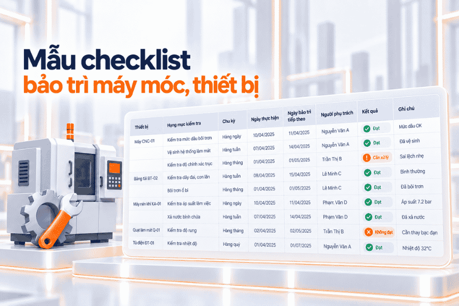 Checklist bảo trì theo chu kỳ, ngày thực hiện, kết quả và thời điểm bảo trì tiếp theo.
