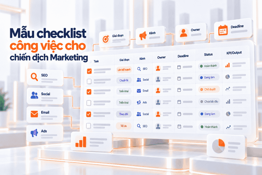Checklist quản lý chiến dịch từ lập kế hoạch, sản xuất nội dung, launch, phân phối đến đo lường.