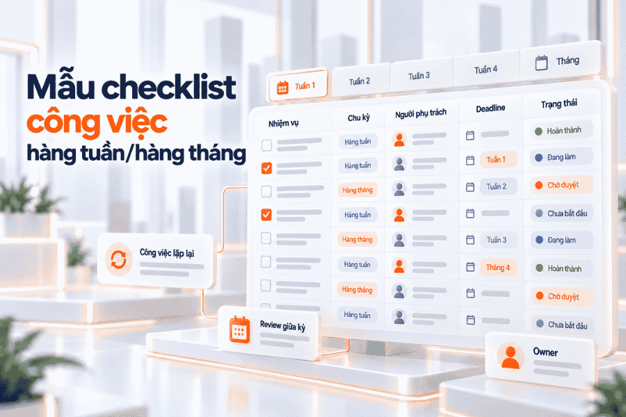 Mẫu checklist quản lý công việc theo chu kỳ tuần hoặc tháng với deadline và trạng thái rõ ràng.
