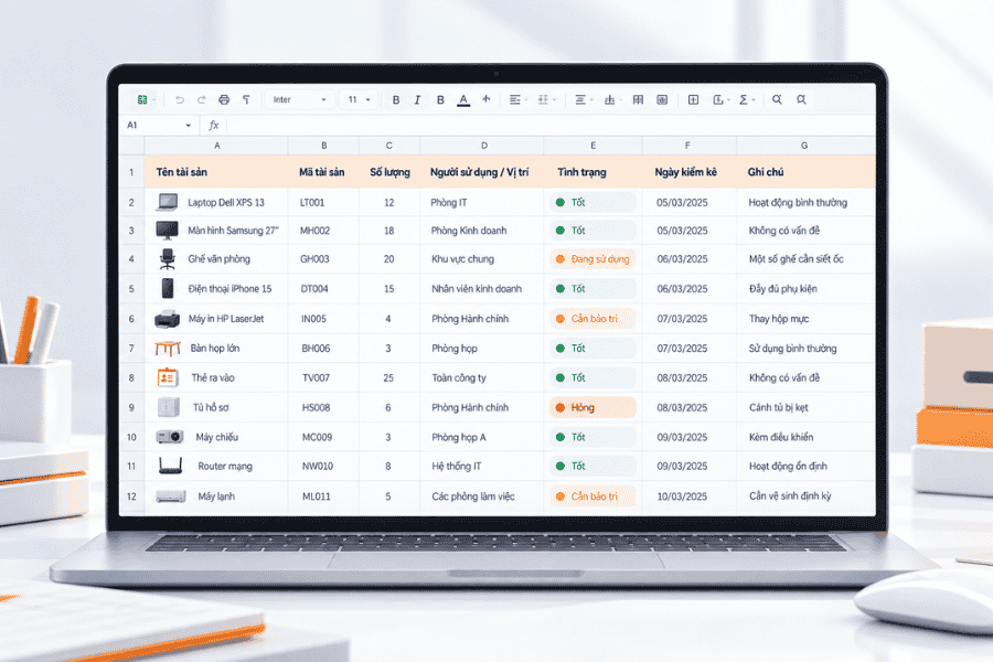 Checklist kiểm kê tài sản theo mã tài sản, người sử dụng, tình trạng và ngày kiểm kê.