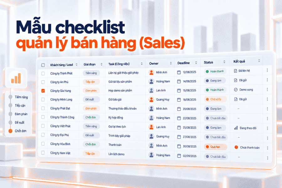 Checklist theo dõi các bước từ tìm kiếm khách hàng đến follow-up, tư vấn, chốt sale và hậu mãi.