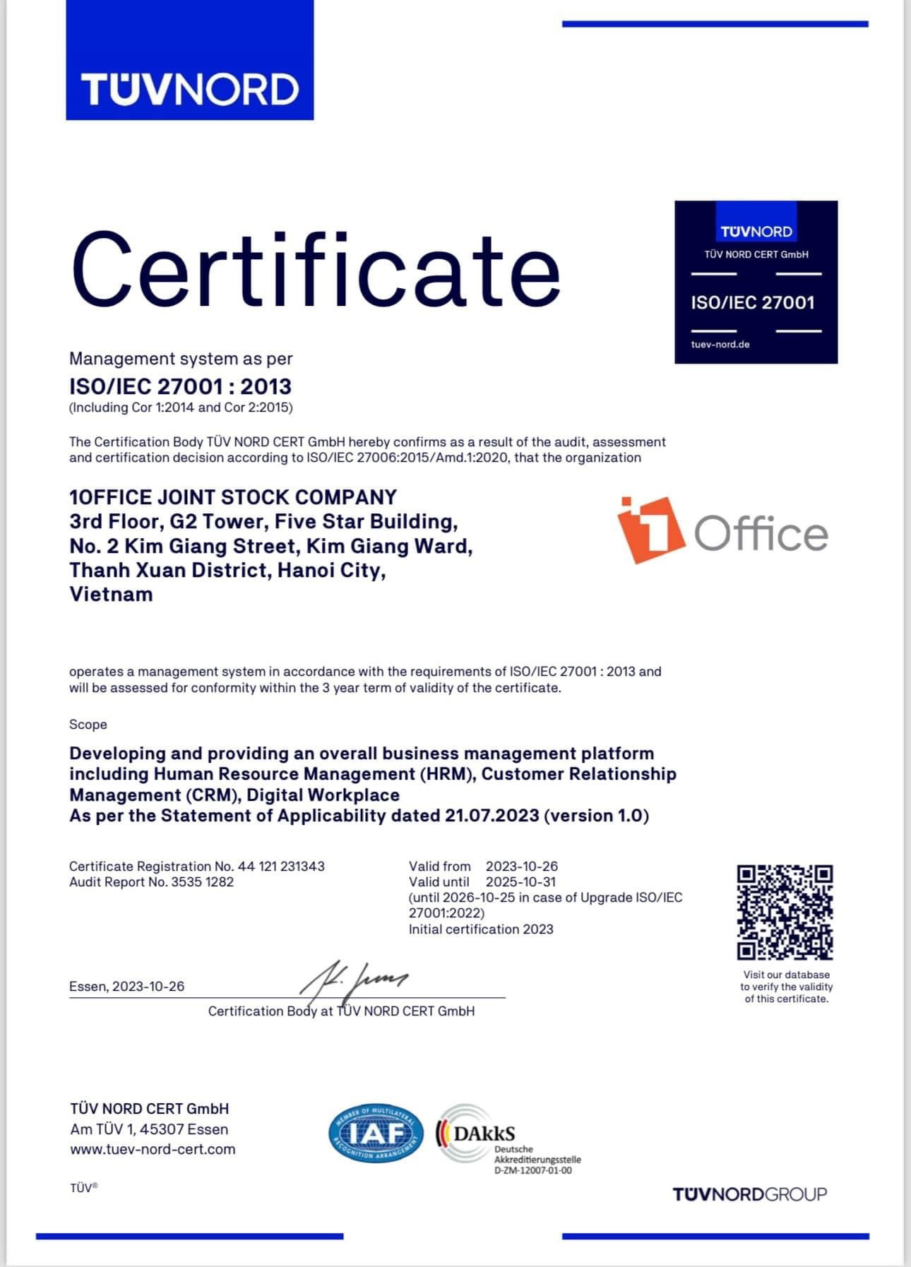 Giấy chứng nhận từ TUV NORD: 1Office - Hệ thống vận hành quản lý chất lượng theo tiêu chuẩn ISO/IEC 27001:2013