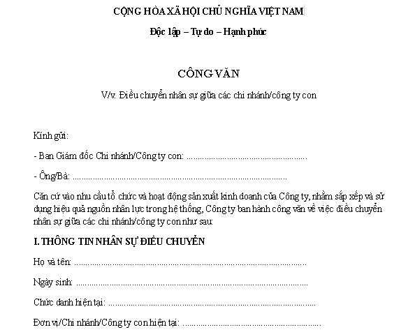 Công văn điều chuyển nhân sự giữa các chi nhanh