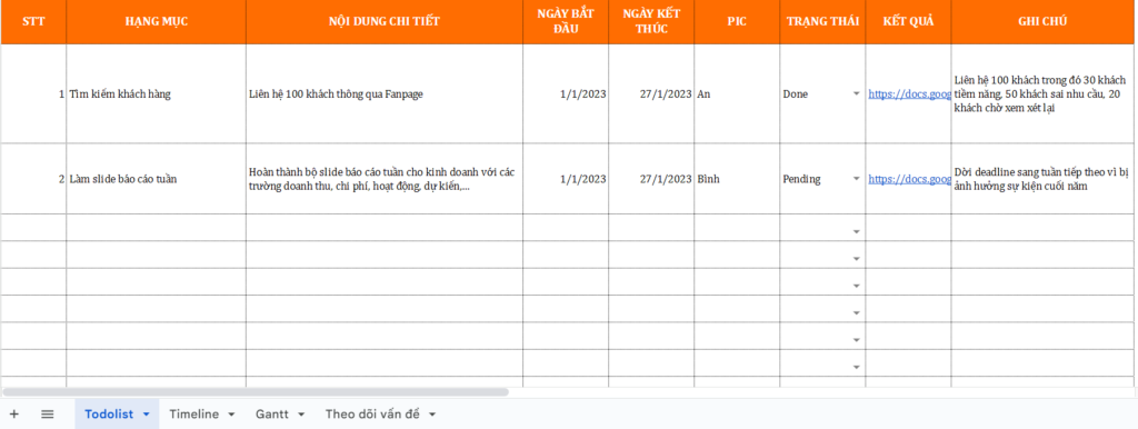 File mẫu bảng theo dõi công việc, dự án bằng Excel