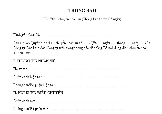 Mẫu thông báo điều chuyển nhân sự