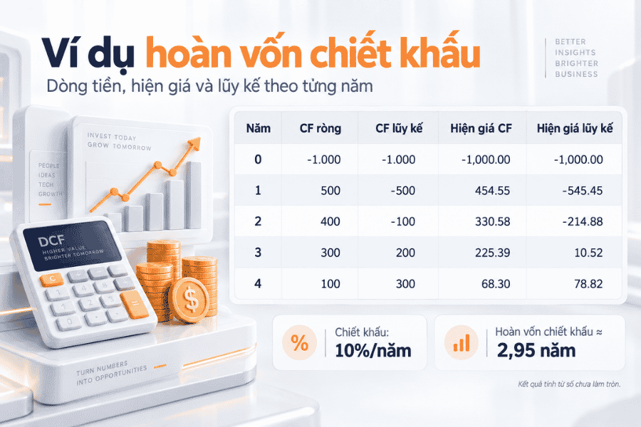 Bảng PP: dòng tiền chiết khấu, lũy kế và thời điểm hoàn vốn