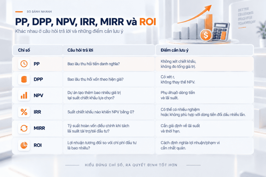 Bảng so sánh PP/DPP/NPV/IRR/MIRR/ROI