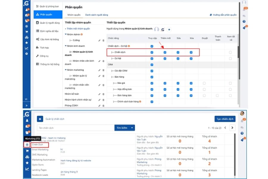 Giao diện phân quyền nhóm dùng và quản lý chiến dịch marketing trên phần mềm Getfly CRM.