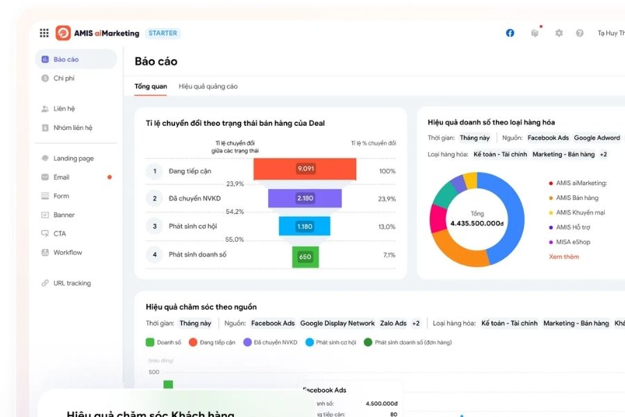 Giao diện Dashboard Marketing theo dõi chuyển đổi LEAD và cửa sổ tạo mới chiến dịch trên phân hệ 1CRM của 1Office.