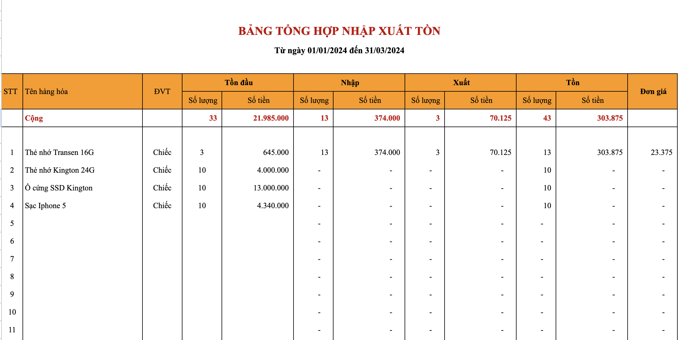 File Excel quản lý xuất nhập tồn kho chi tiết