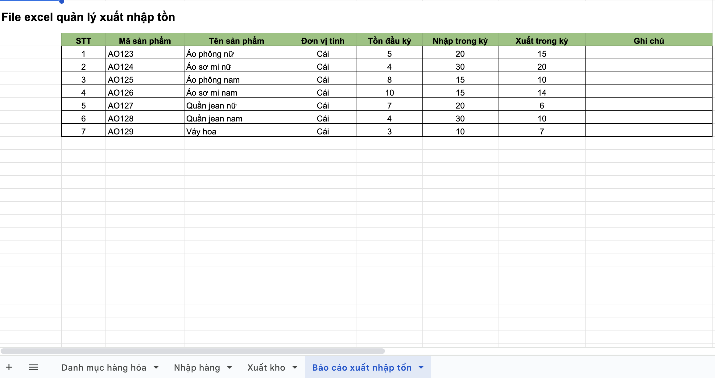 File Excel quản lý xuất nhập tồn kho cơ bản