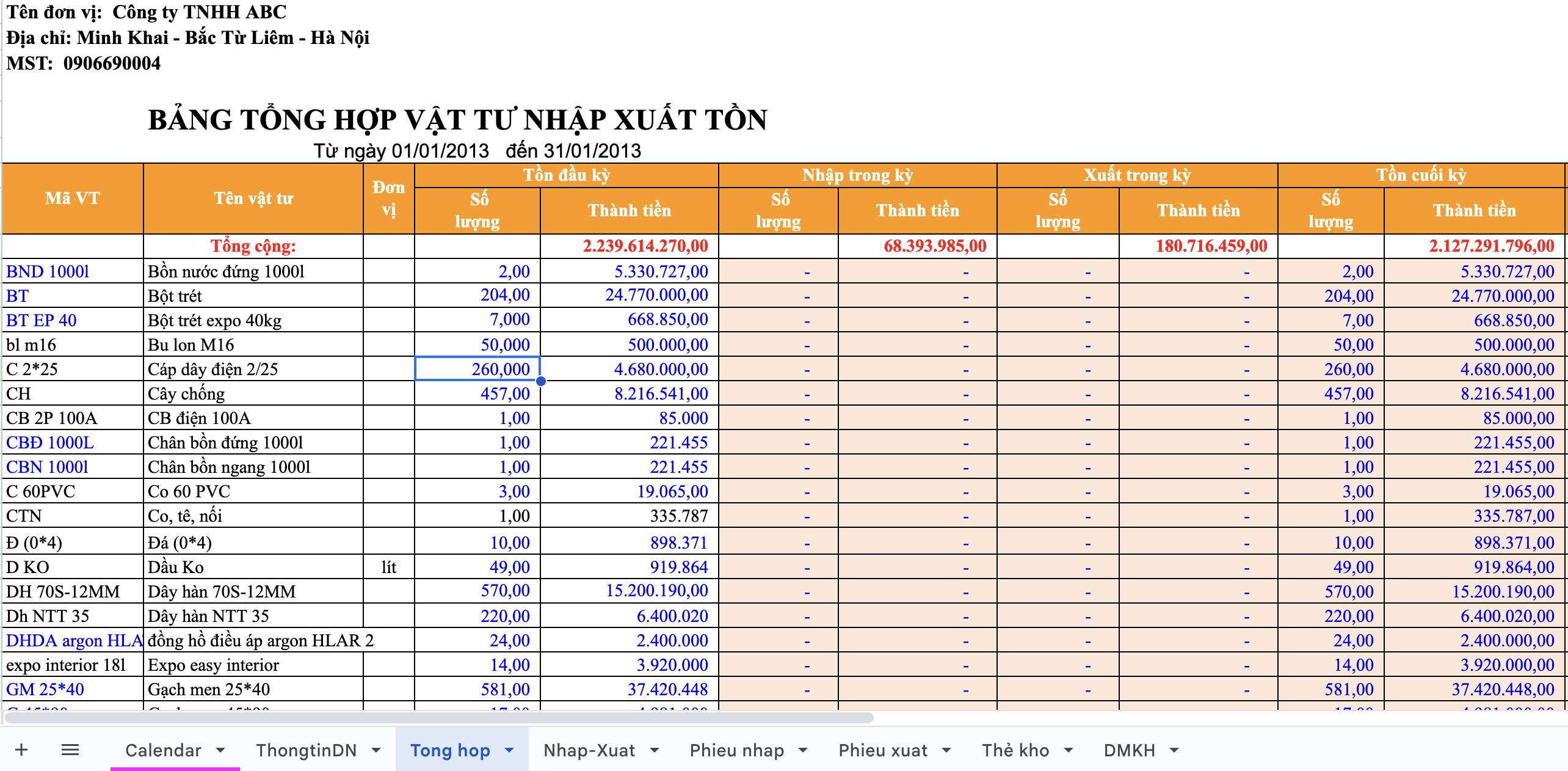 File Excel quản lý xuất nhập tồn kho kèm công thức