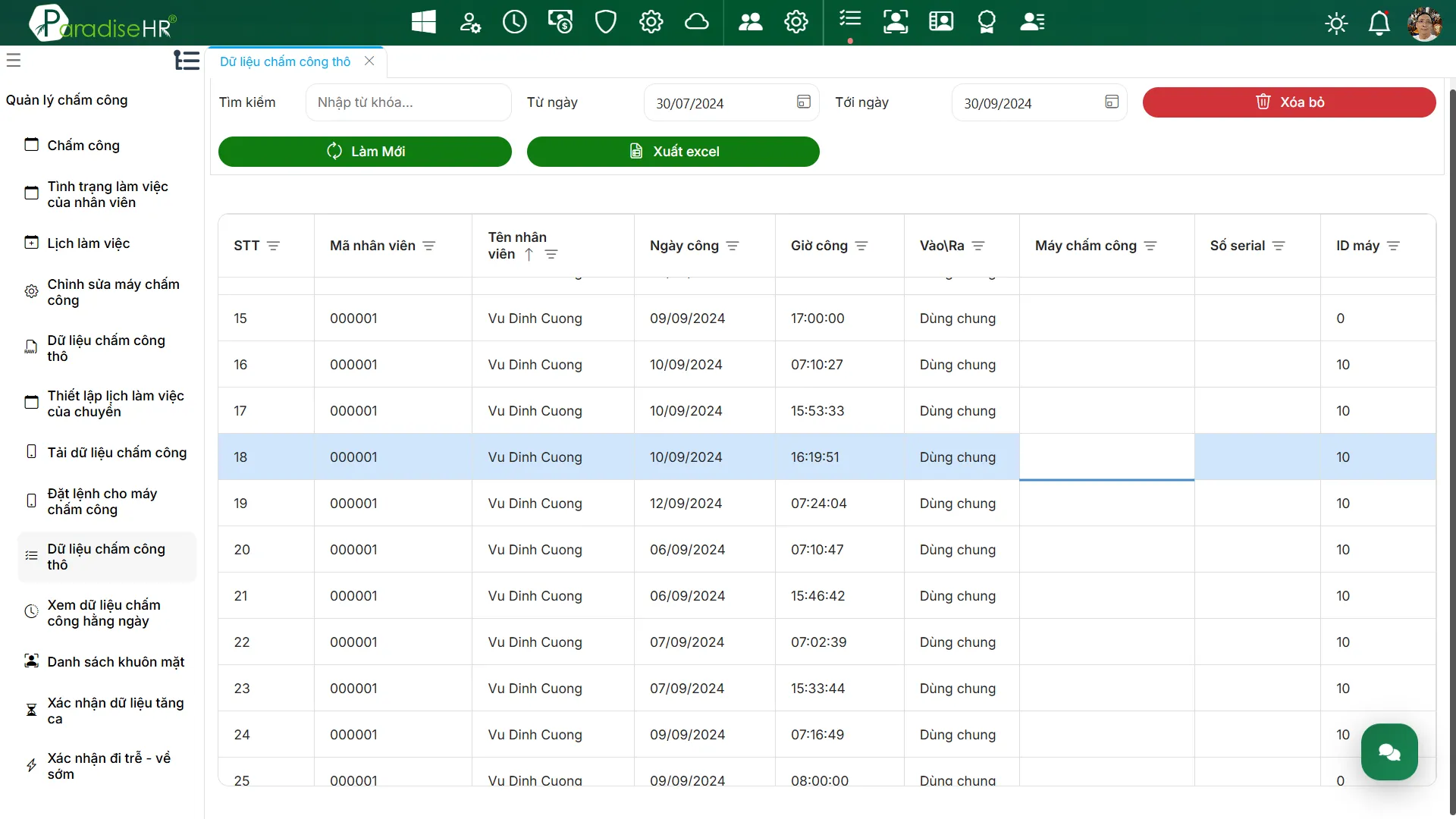 Phần mềm chấm công Paradise