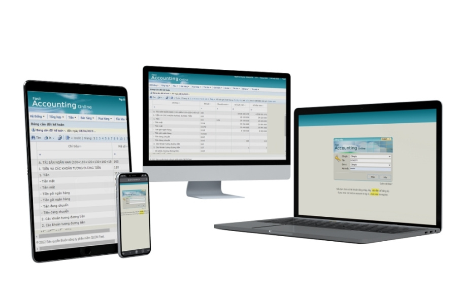 Giao diện phần mềm tài chính kế toán Fast Accounting Online tương thích đa nền tảng trên máy tính, laptop, máy tính bảng và điện thoại di động.