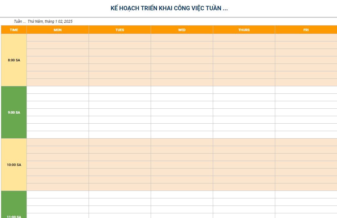 mẫu kế hoạch triển khai công việc hàng tuần cho cá nhân