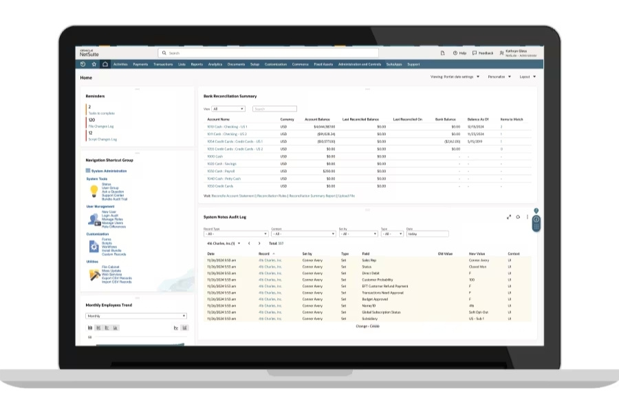 Giao diện quản lý đối chiếu ngân hàng (Bank Reconciliation) và nhật ký kiểm toán hệ thống trên phần mềm ERP đám mây Oracle NetSuite.