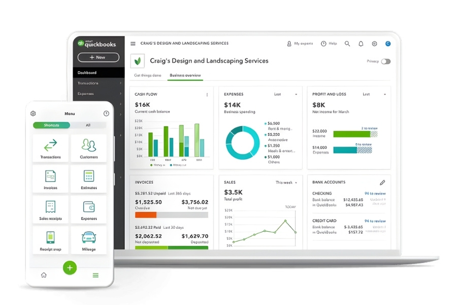 Giao diện bảng điều khiển Dashboard tài chính (dòng tiền, chi phí, doanh thu) trên máy tính và ứng dụng di động của QuickBooks Online.