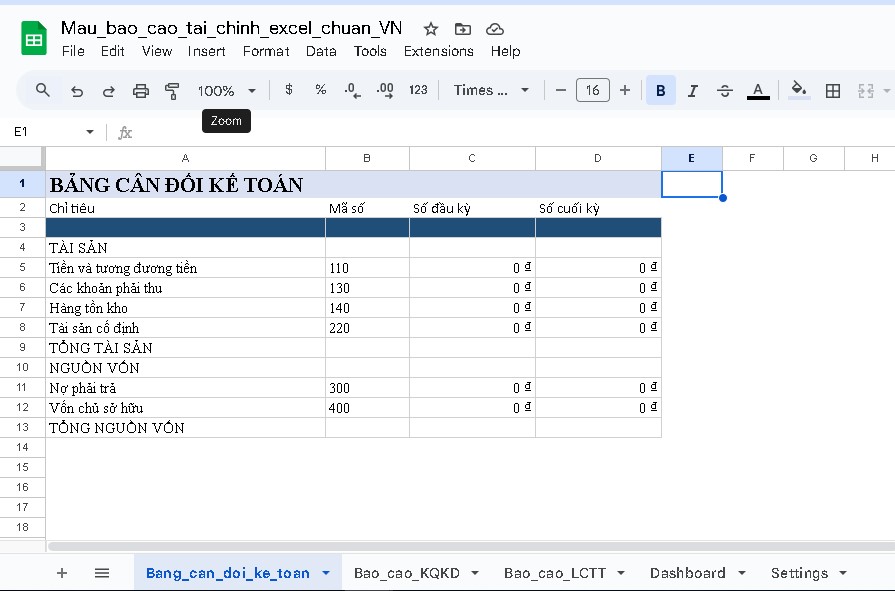 Mẫu báo cáo tài chính Excel