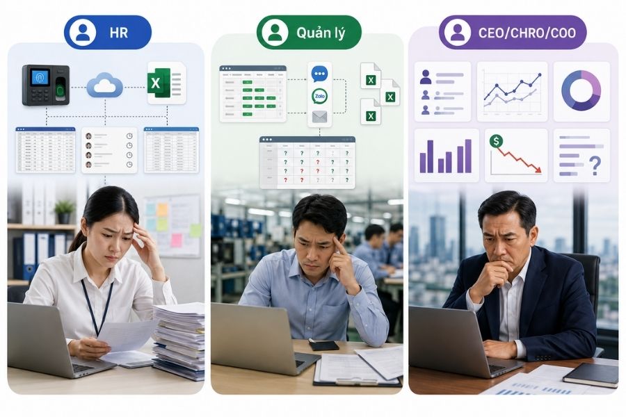 Chấm công thủ công gây ra nhiều bất cập và áp lực cho cả HR, Quản lý trực tiếp lẫn Ban lãnh đạo doanh nghiệp (CEO/CHRO/COO).
