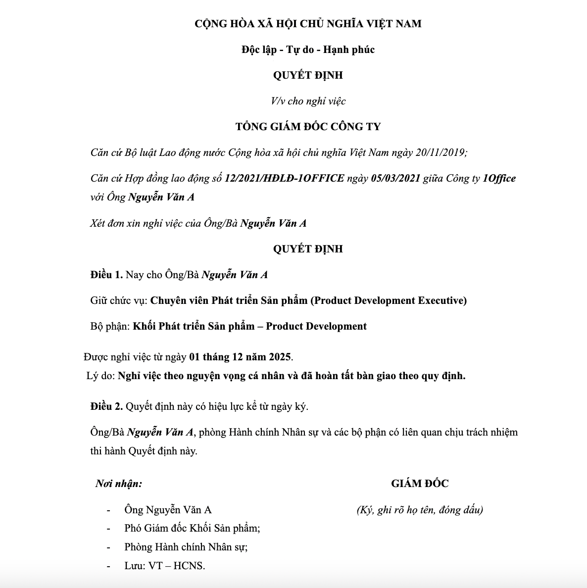 Hướng dẫn cách điền mẫu quyết định nghỉ việc 