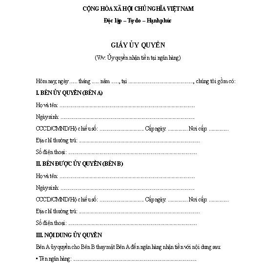 Mẫu giấy ủy quyền nhận tiền tại ngân hàng