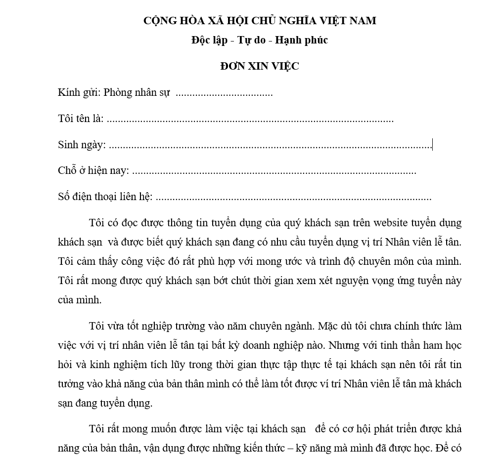 Mẫu đơn xin việc lễ tân khách sạn