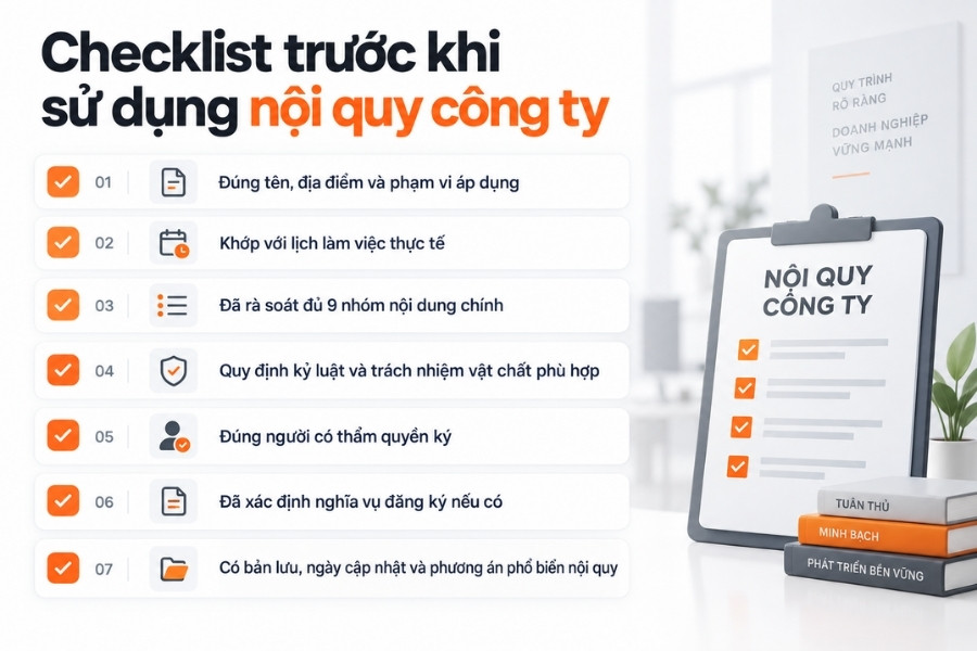 Infographic checklist 7 điểm cần kiểm tra trước khi ban hành và sử dụng nội quy công ty