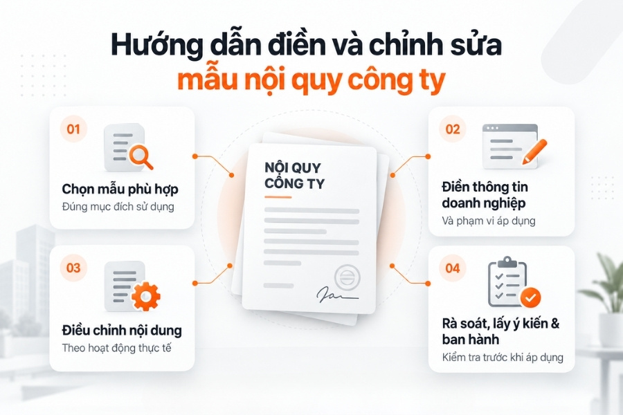 Infographic quy trình 4 bước hướng dẫn điền và chỉnh sửa mẫu nội quy công ty từ 1Office.