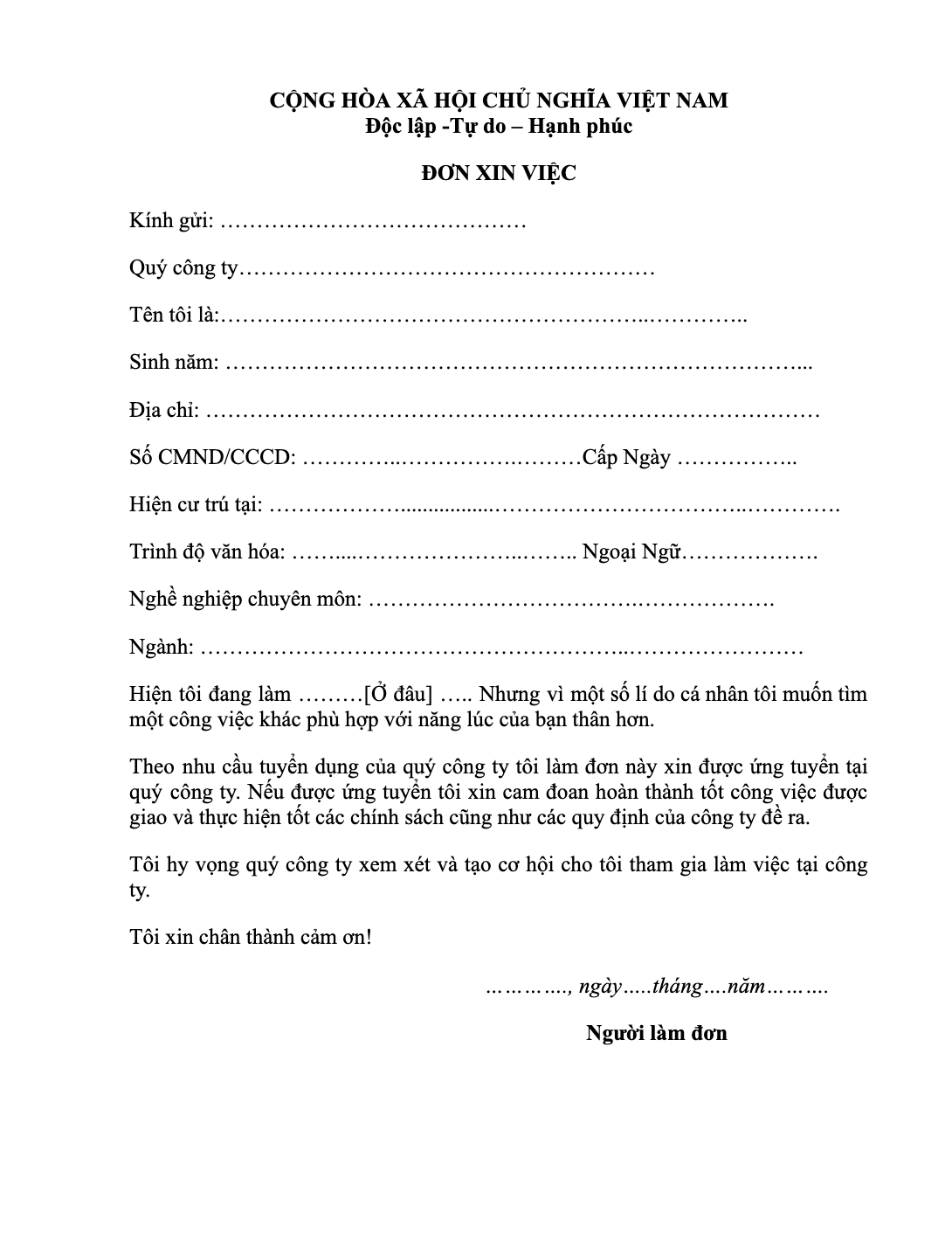 Mẫu đơn xin việc cho công nhân 