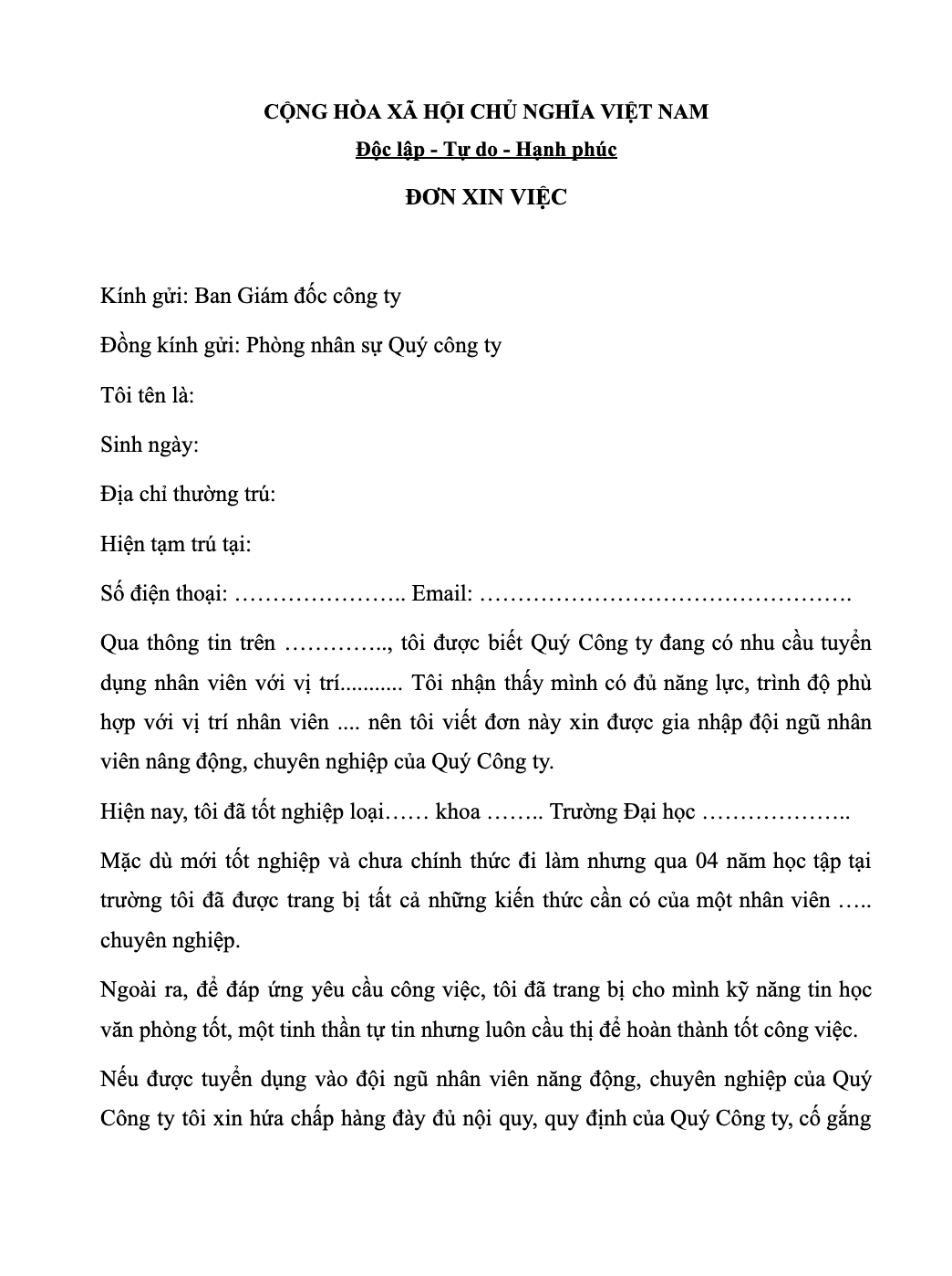 Mẫu đơn xin việc cho nhân viên mới ra trường