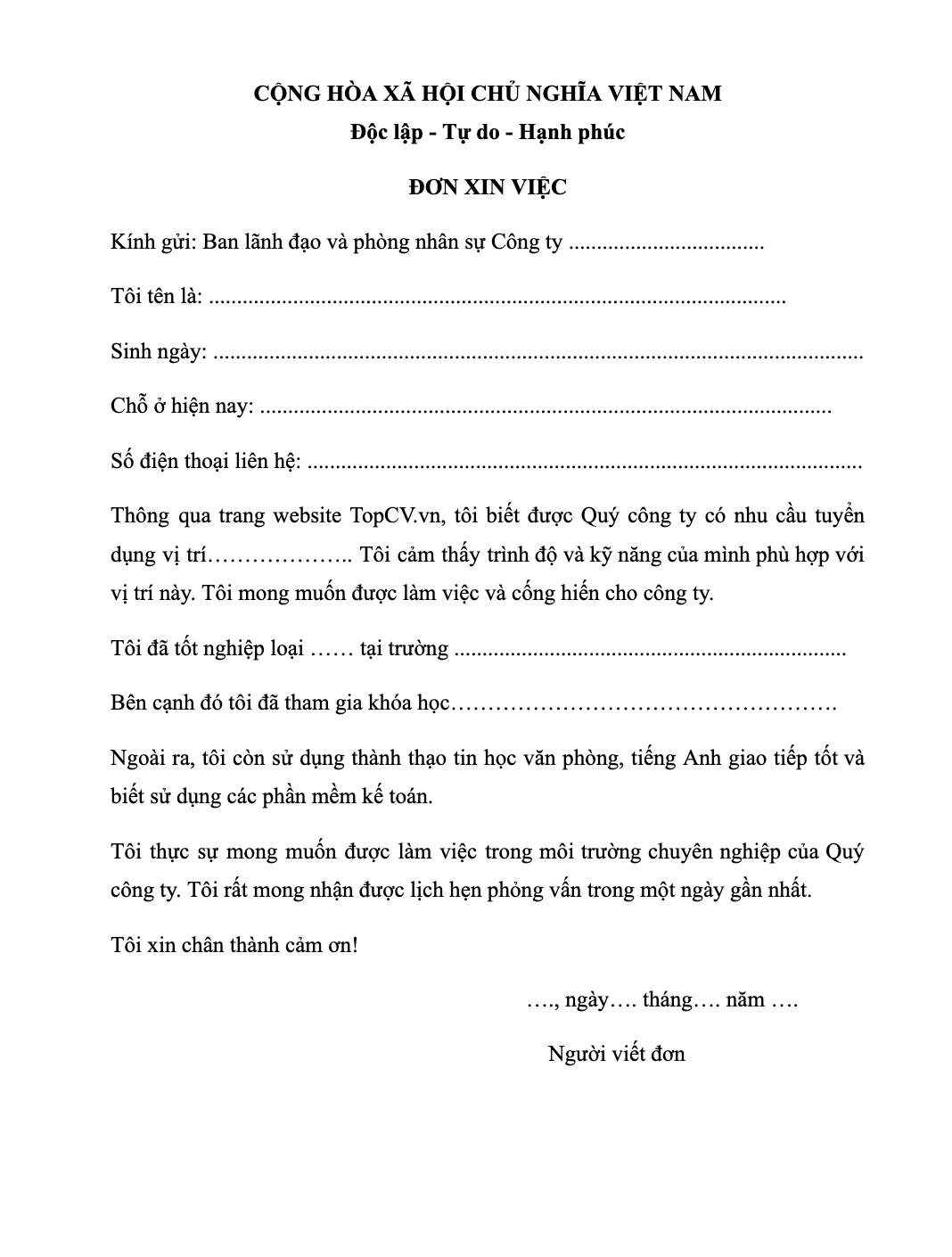 Mẫu đơn xin việc chung 