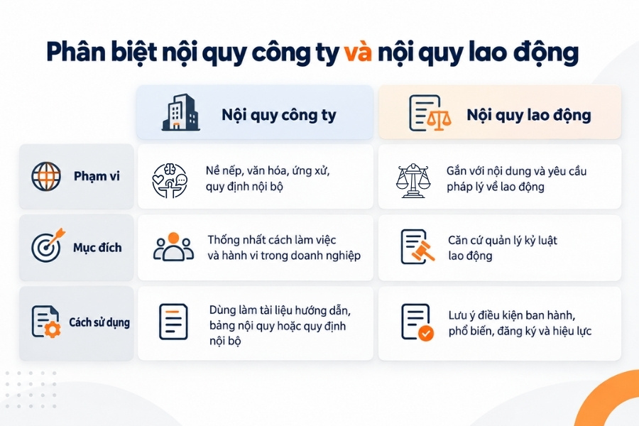 Infographic so sánh phân biệt nội quy công ty và nội quy lao động trong quản trị nhân sự từ 1Office.