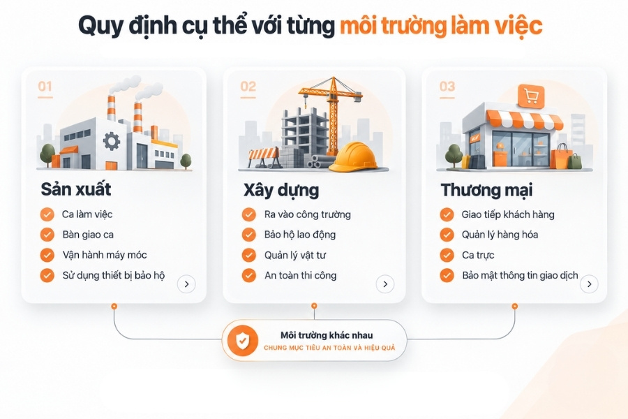 Infographic phân tích quy định lao động cụ thể theo 3 mô hình môi trường làm việc đặc thù