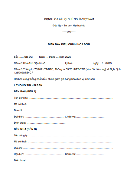 Biên bản điều chỉnh do giảm giá sau khi xuất hóa đơn