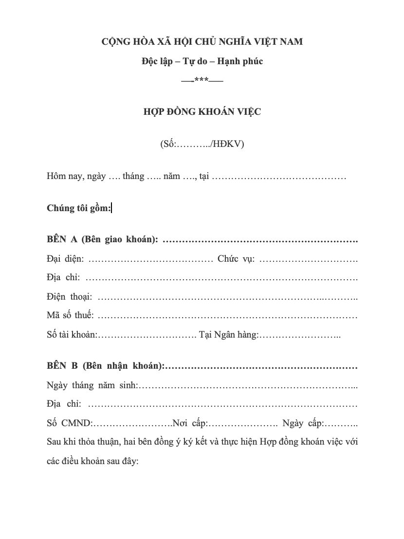 Mẫu hợp đồng khoán việc theo giờ