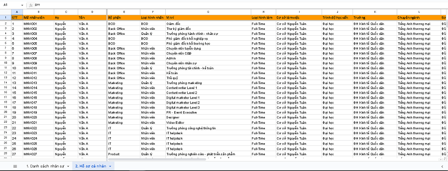 Mẫu quản lý hồ sơ nhân viên hiện tại của doanh nghiệp