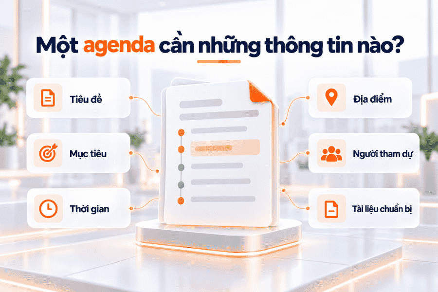 Agenda nên thể hiện rõ tiêu đề, mục tiêu, thời gian, địa điểm, người tham dự và các thông tin cần thiết cho chương trình.