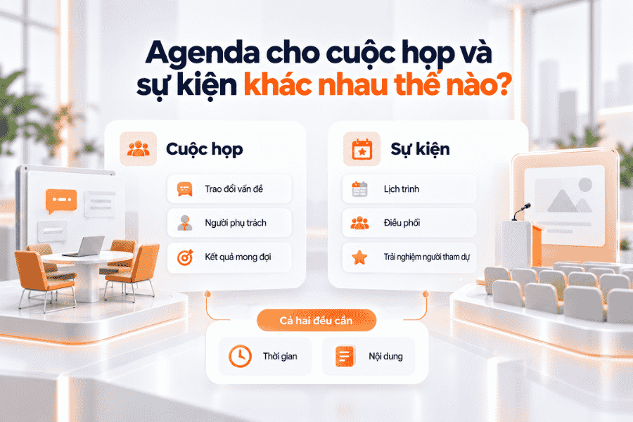 Agenda cuộc họp tập trung vào vấn đề và quyết định cần đưa ra, trong khi agenda sự kiện ưu tiên trình tự hoạt động và khả năng điều phối.