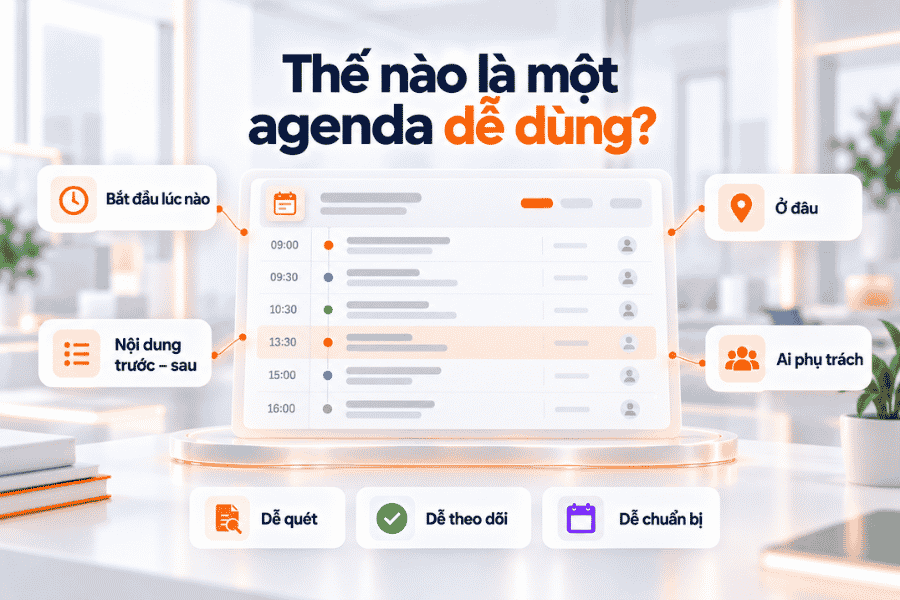 Một agenda dễ dùng cần giúp người tham dự nhanh chóng xác định thời gian, địa điểm, thứ tự nội dung và phần việc cần chuẩn bị.