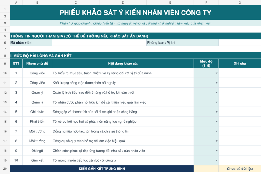 Phiếu khảo sát ý kiến nhân viên công ty
