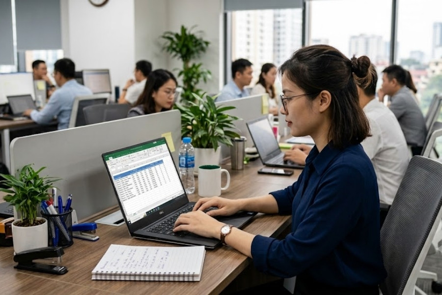 Hình ảnh nữ nhân viên đang tập trung làm báo cáo kết quả công việc trên Excel