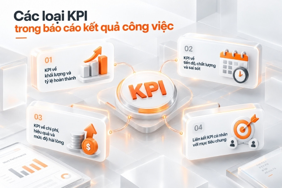 Infographic phân loại 4 nhóm KPI cốt lõi trong báo cáo kết quả công việc